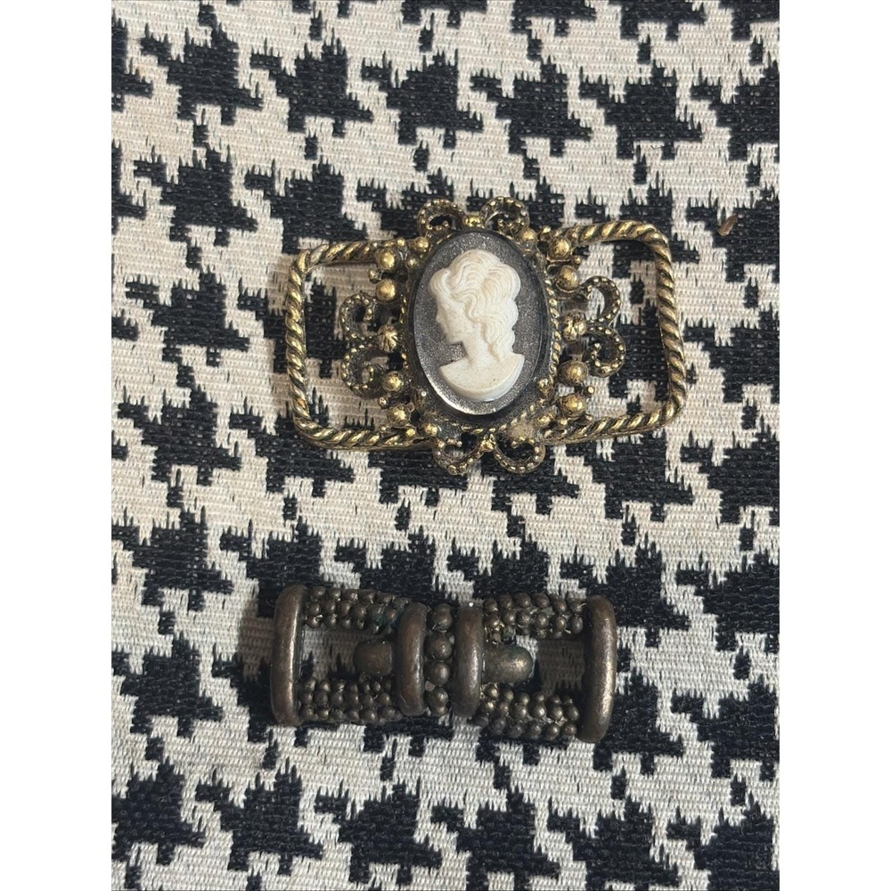 VTG Antique Black Cameo Pendant Slide Lady Portrait & Plain Brass Lot Of 2
